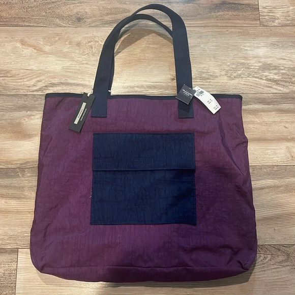 NWT Abercrombie Large Reversible Tote Bag Purple & Plaid Logo Pockets Straps Y2K - Picture 1 of 3